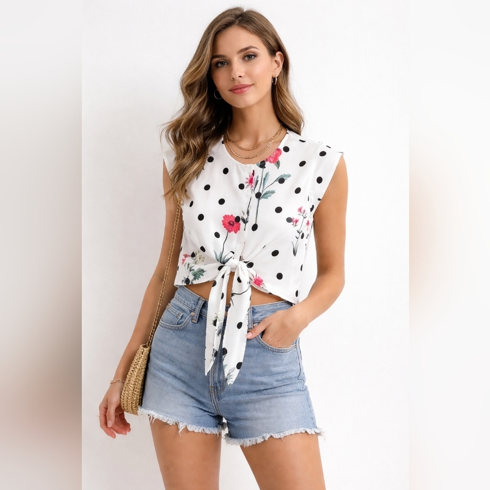 SHEIN | White Sleeveless Tie-Front Blouse, Size M